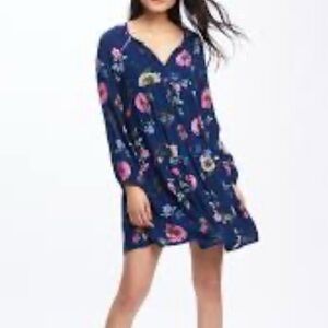 Old Navy Womens XL Floral Boho Crinkled Mini Dress Blue Pink Long Sleeve